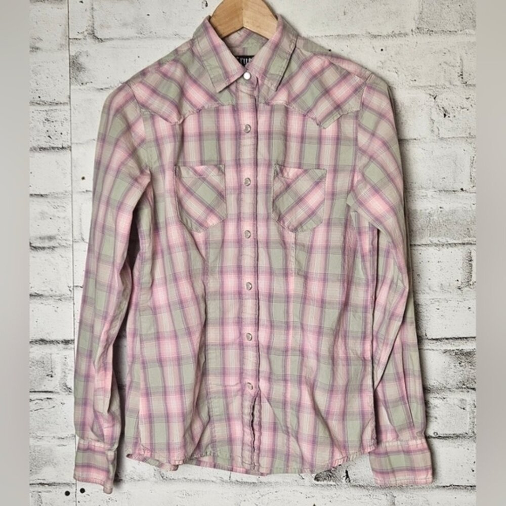 Cruel Girl Western Pink & Mint Plaid Distressed Pearl Snap Button-Down Shirt